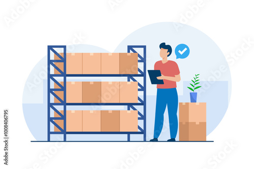 Warehouse Worker Checking Packages on Shelves. Efficient Inventory Management. Vector Illustration
