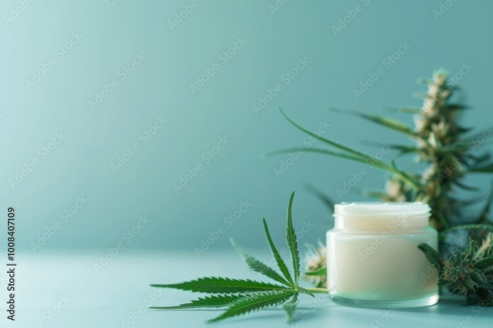 Natural beauty product with a jar of lotion and cannabis leaves on a serene blue background Natural beauty product with a jar of lotion and cannabis leaves on a serene blue background