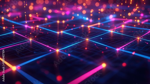 3D rendering of abstract neon grids and glowing nodes, symbolizing advanced technology and digital innovation.