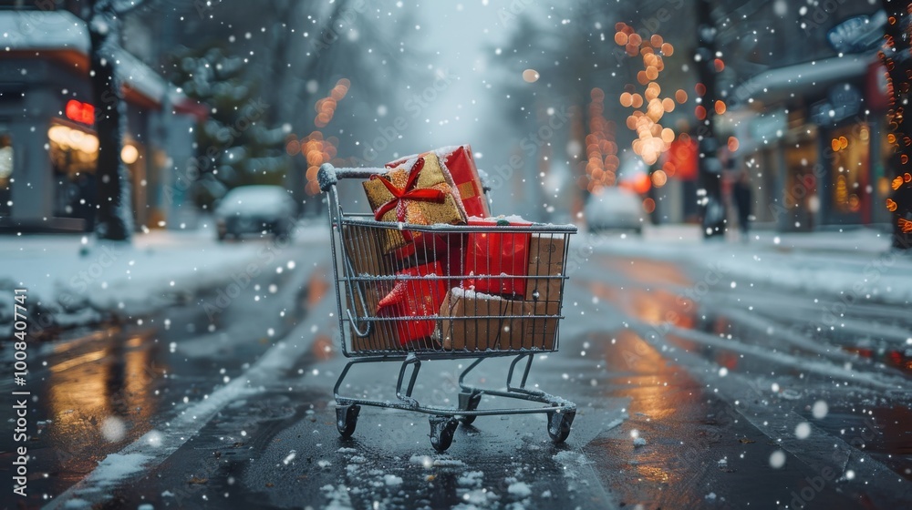 Holiday shopping cart filled with gifts in snowy street