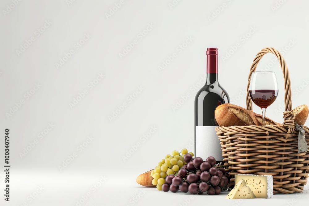 Obraz premium Picnic basket filled with wine bread cheese and fruit on white background