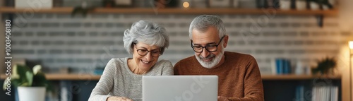Elderly couple using laptop together, smiling