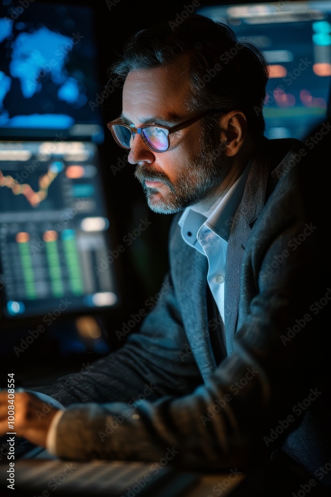closeup caucasian man trader analyzes the charts on the screen, investment, vertical closeup caucasian man trader analyzes the charts on the screen, investment, vertical