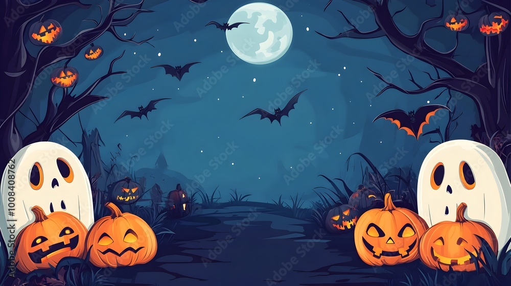 Fototapeta premium Spooky Halloween Night with Pumpkins Ghosts and Bats in Cartoon Style