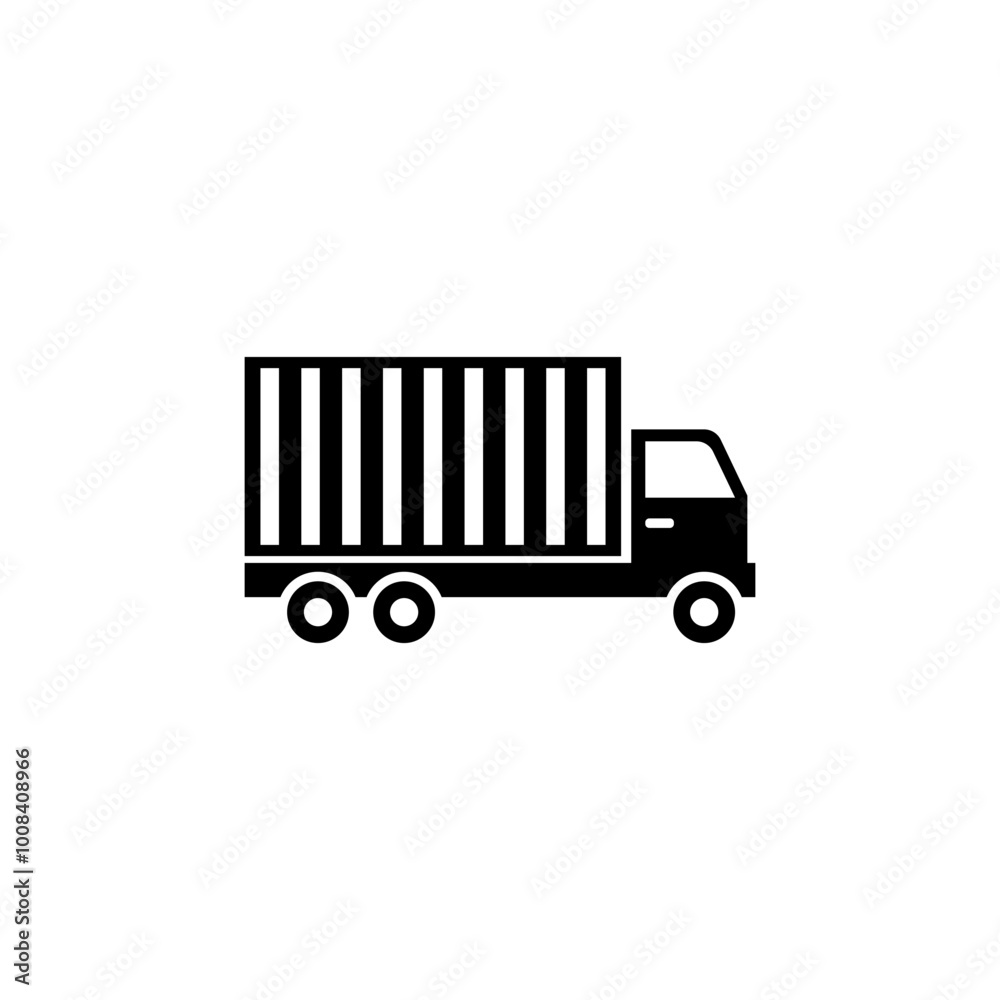 Minimalist black vector icon of a cargo truck with container, side view, representing freight transportation and logistics. Minimalist black vector icon of a cargo truck with container, side view, representing freight transportation and logistics.