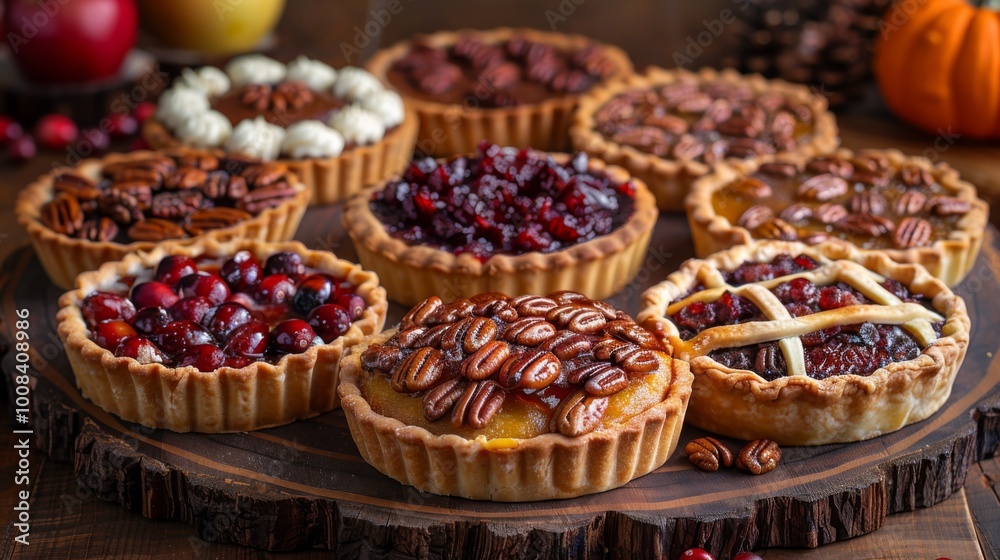 Thanksgiving and Harvest Festival. rustic wooden table adorned with variety of Thanksgiving desserts, including pumpkin pie, pecan pie, apple pie, and cranberry tart, Thanksgiving and Harvest Festival. rustic wooden table adorned with variety of Thanksgiving desserts, including pumpkin pie, pecan pie, apple pie, and cranberry tart,