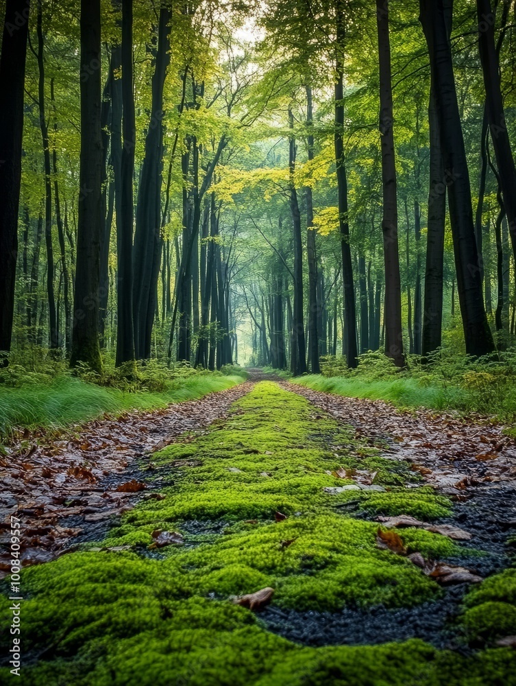 Obraz premium A winding path through a lush forest, with tall trees and green moss.