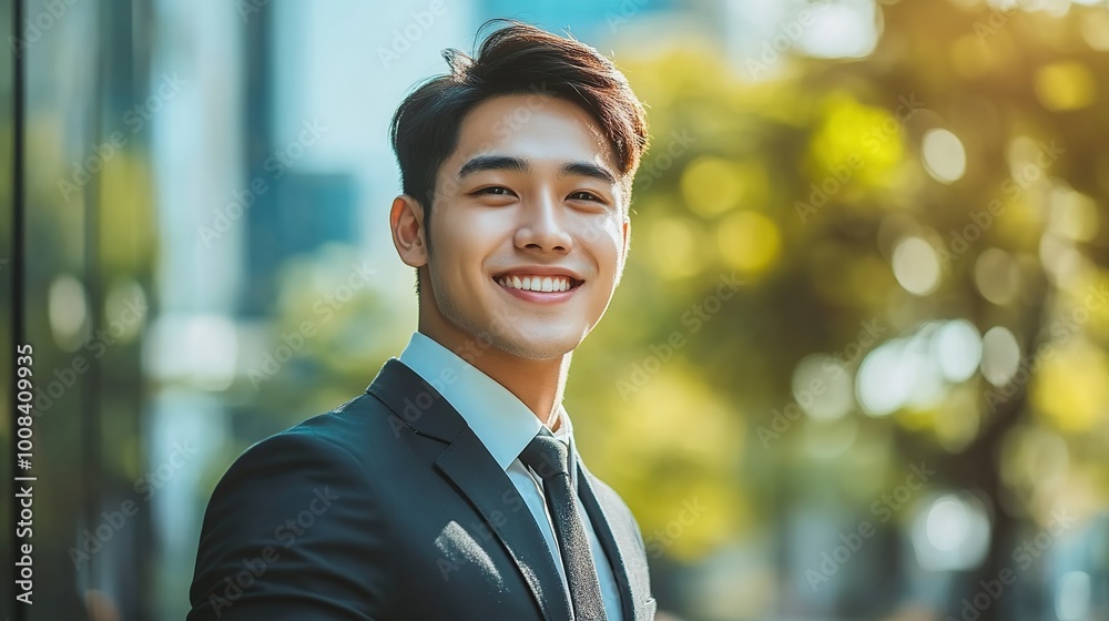 Fototapeta premium Beaming young Asian businessman shaking hands with colleague, partner or client outdoors