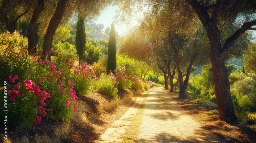 Fototapeta premium A winding path through a lush garden with vibrant flowers and sunlight streaming through the trees.
