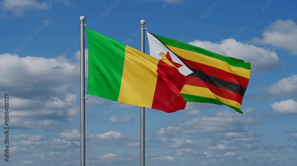 Zimbabwe and Mali flags flying together, video concept of the relationship, two country cooperation concept Zimbabwe and Mali flags flying together, video concept of the relationship, two country cooperation concept
