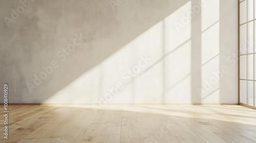 A bright, spacious room with a white concrete wall and light wooden floor, minimalistic and ready for mockup design or creative display, with natural light