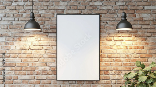 A blank white poster is displayed on a brick wall, with three hanging lamps above it. The clean, shadow-free design offers ample space for text or artwork, ideal for branding and advertising using AI  photo