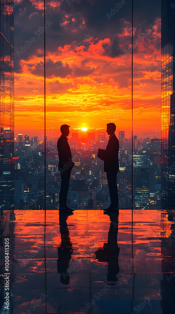 Businessmen Silhouettes Sunset Cityscape Illustration Businessmen Silhouettes Sunset Cityscape Illustration