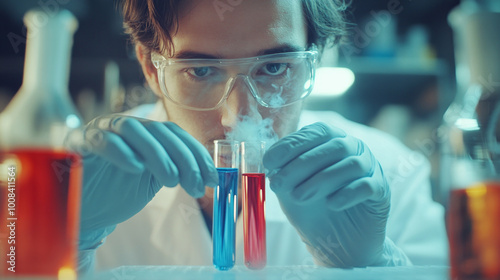 In this photograph, a doctor wearing a lab coat carefully mixes colorful chemicals in a modern laboratory. The focus on the test tubes and the vibrant colors reflects the meticulous scientific photo