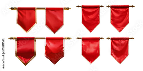 collection of red decorative banners with gold detailing, isolated on transparent background. Ideal for use in festive, ceremonial, or graphic design projects.
