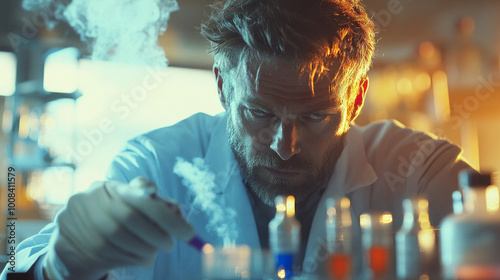 In this photograph, a doctor wearing a lab coat carefully mixes colorful chemicals in a modern laboratory. The focus on the test tubes and the vibrant colors reflects the meticulous scientific photo