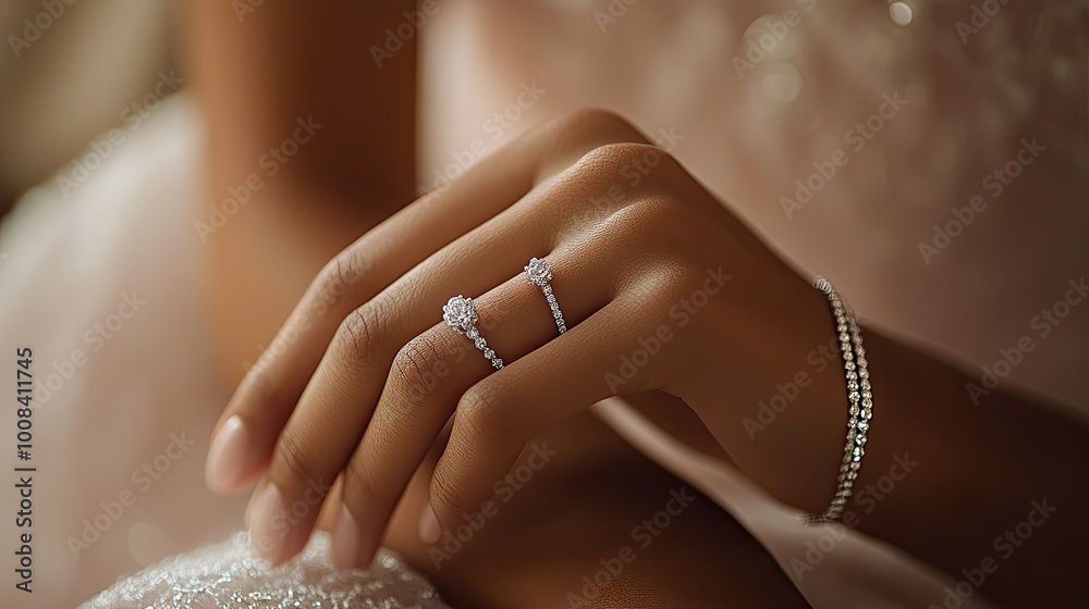 A close-up of a beautiful model's hand elegantly showcasing a sparkling white gold diamond ring, paired with delicate tennis bracelets, set against a soft, blurred background. A close-up of a beautiful model's hand elegantly showcasing a sparkling white gold diamond ring, paired with delicate tennis bracelets, set against a soft, blurred background.