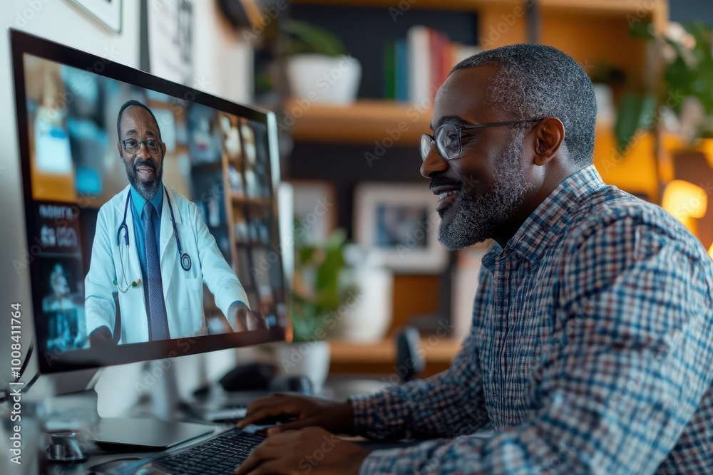 Obraz premium Patient consulting with doctor via video call