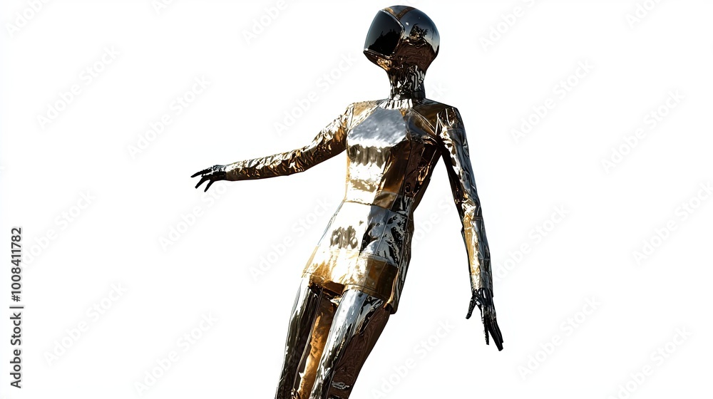 A metallic humanoid figure with a reflective helmet and outstretched arm against a white background. A metallic humanoid figure with a reflective helmet and outstretched arm against a white background.