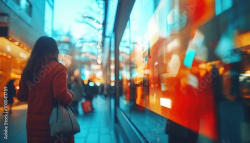 Young woman shopping by a vibrant store window in a bustling city.