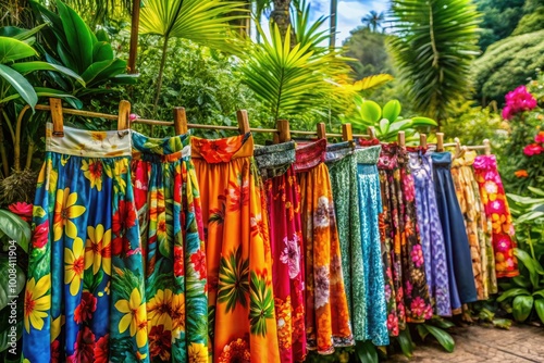 Colorful Hawaiian Skirts Displayed in a Tropical Setting Surrounded by Lush Greenery and Flowers