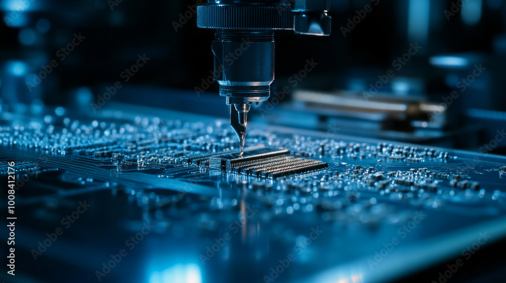 A close-up shot captures an advanced machine meticulously placing small electronic components on printed circuit boards in a manufacturing facility. The sharp focus and subtle shadows enhance the intr