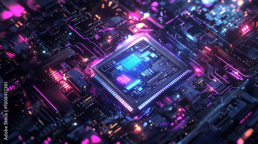 A hyper-realistic computer chip floating in dark space, surrounded by glowing blue and purple data streams. The scene showcases intricate wires and futuristic architecture designed with AI generative A hyper-realistic computer chip floating in dark space, surrounded by glowing blue and purple data streams. The scene showcases intricate wires and futuristic architecture designed with AI generative