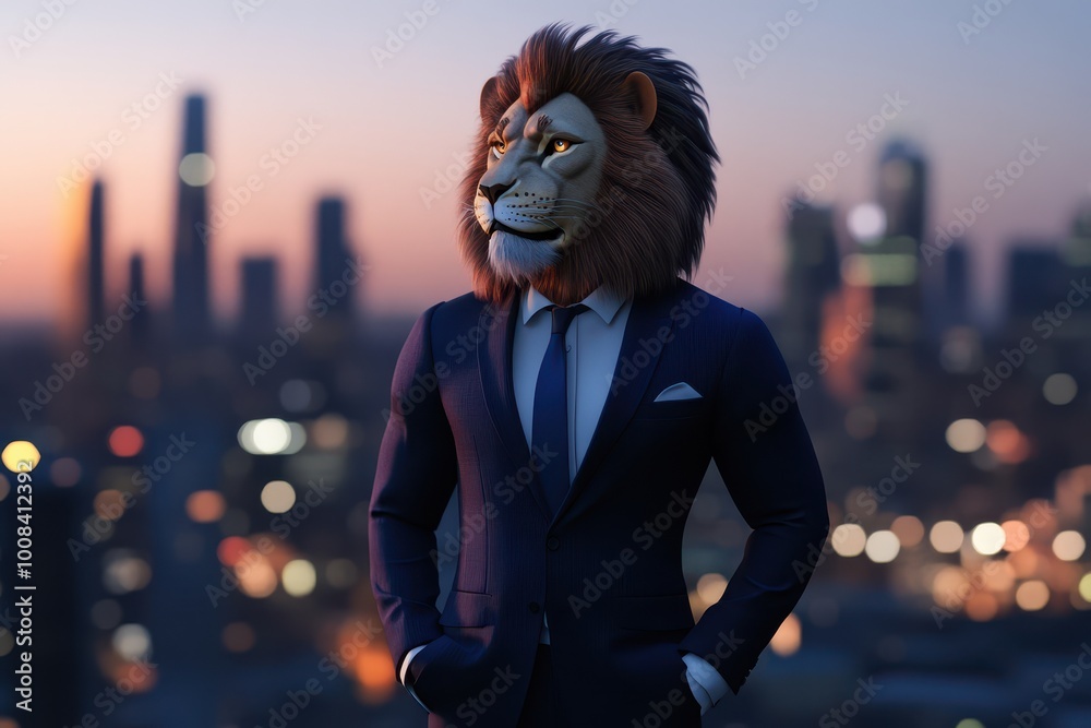 A lion wearing a suit faces the silhouette of a skyscraper in the city A lion wearing a suit faces the silhouette of a skyscraper in the city