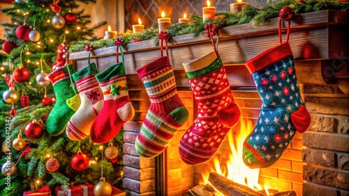 Colorful Holiday Stockings Decorated with Ornaments Hung by the Fireplace for a Festive Atmosphere