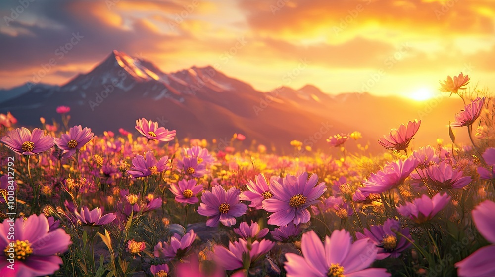 Obraz premium A colorful field of cosmos flowers at sunset, with mountain peaks in the distance and golden rays illuminating the blooms, creating a stunning natural scene.