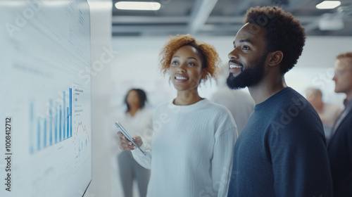 A European man and an African American woman meet in a bright marketing office, viewing data analysis on a digital screen, conveying teamwork  photo