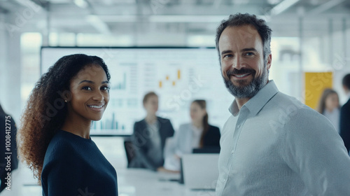 A European man and an African American woman meet in a bright marketing office, viewing data analysis on a digital screen, conveying teamwork 