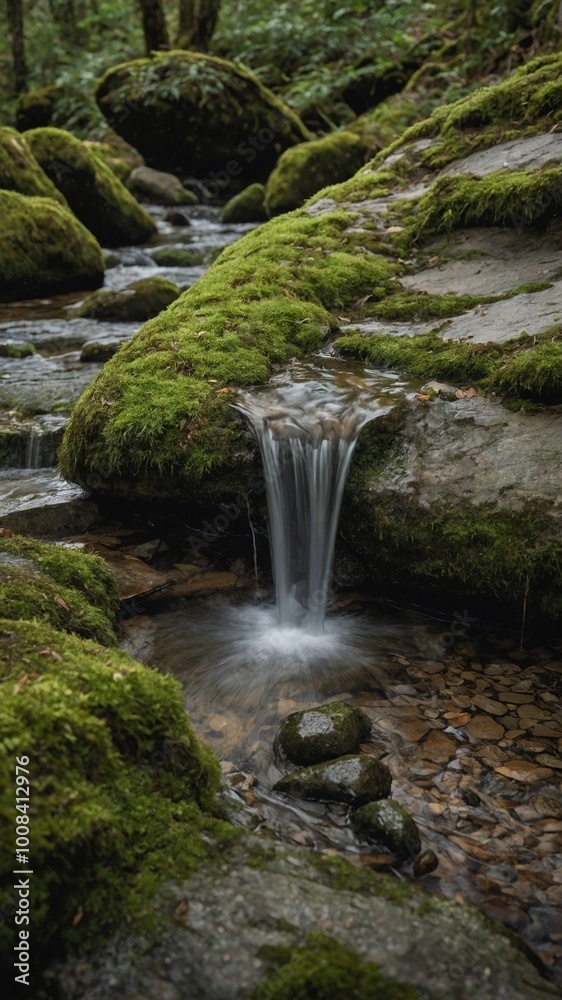 Fototapeta premium Small waterfall cascading over moss-covered rocks in lush, green forest environment