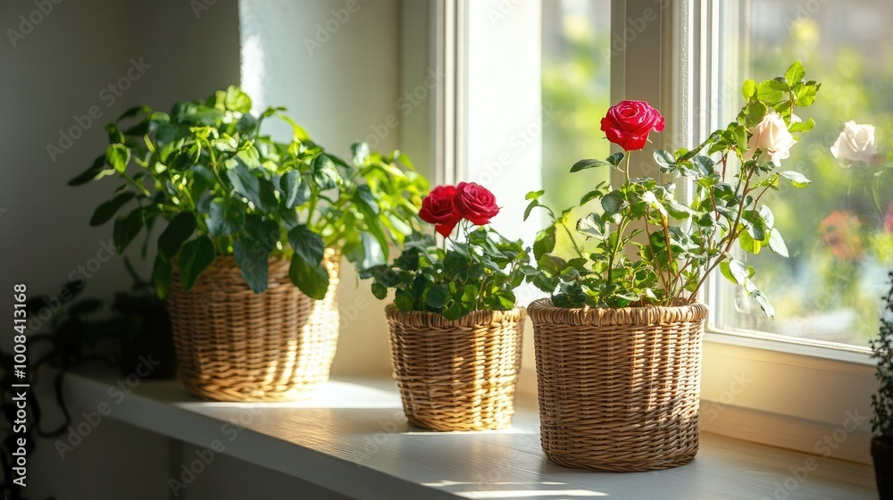 Fototapeta premium A cozy apartment filled with greenery and homemade roses in beautiful wicker baskets. The plants on the windowsill create a fresh, peaceful vibe.