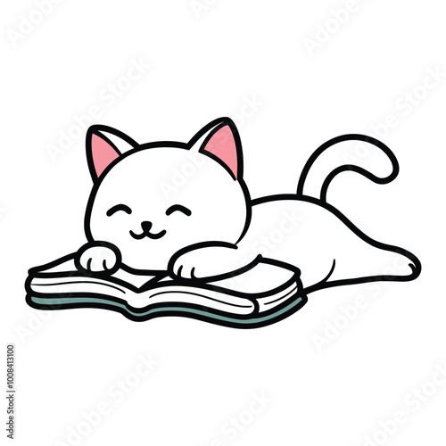 Cute cat resting on an open book illustration