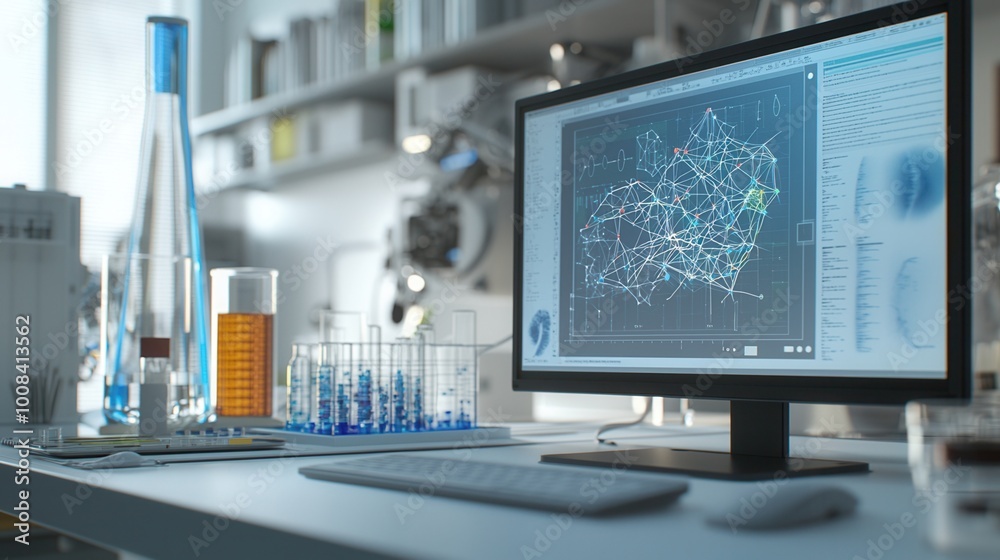Laboratory setup with beakers, monitor displaying scientific data, white isolate background Laboratory setup with beakers, monitor displaying scientific data, white isolate background