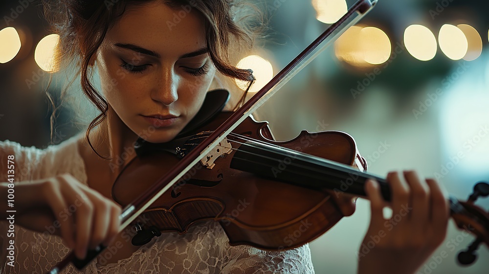 Fototapeta premium Woman playing violin with focus while closing her eyes feeling the music