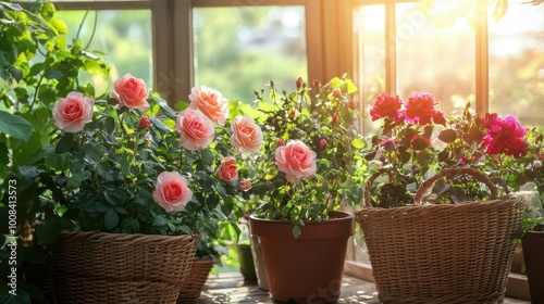 A cozy nook with potted roses in wicker baskets, the sunlight creating a serene backdrop as the plants flourish indoors. The perfect home gardening scene.