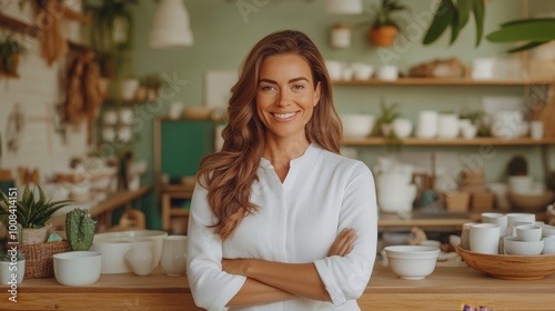 Confident woman crossing arms and smiling in a stylishly decorated pottery shop filled with ceramic products and plants.