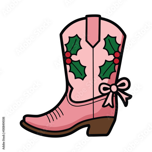 Festive Pink Cowboy Boot with Holly and Bow Illustration