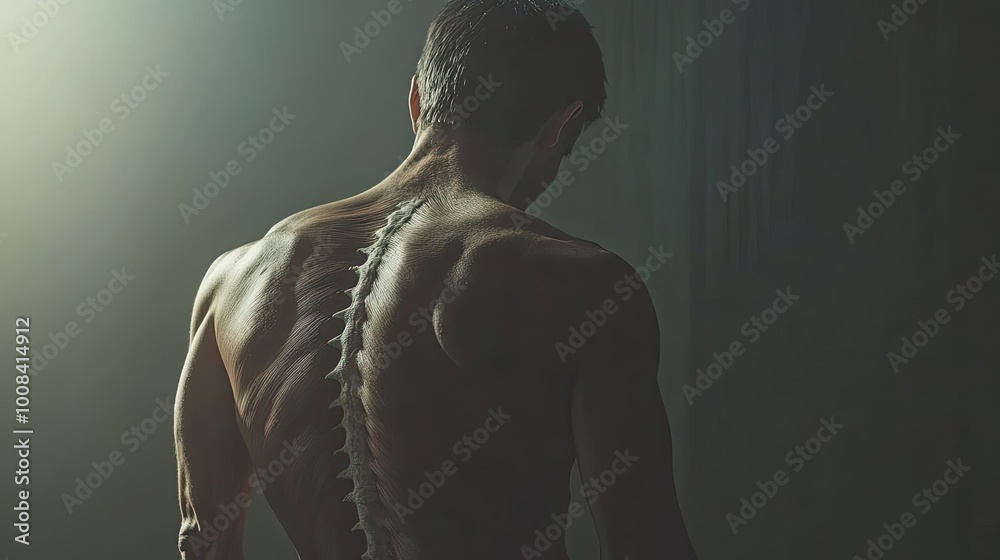 A dramatic back view of a muscular male figure highlighting the spine, showcasing strength and anatomy under soft lighting. A dramatic back view of a muscular male figure highlighting the spine, showcasing strength and anatomy under soft lighting.