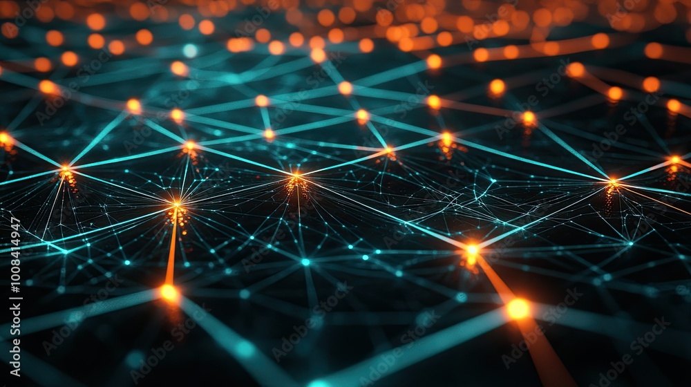 Obraz premium A digital landscape with 3D rendering of glowing grids and interconnected nodes, symbolizing data networks and connectivity.
