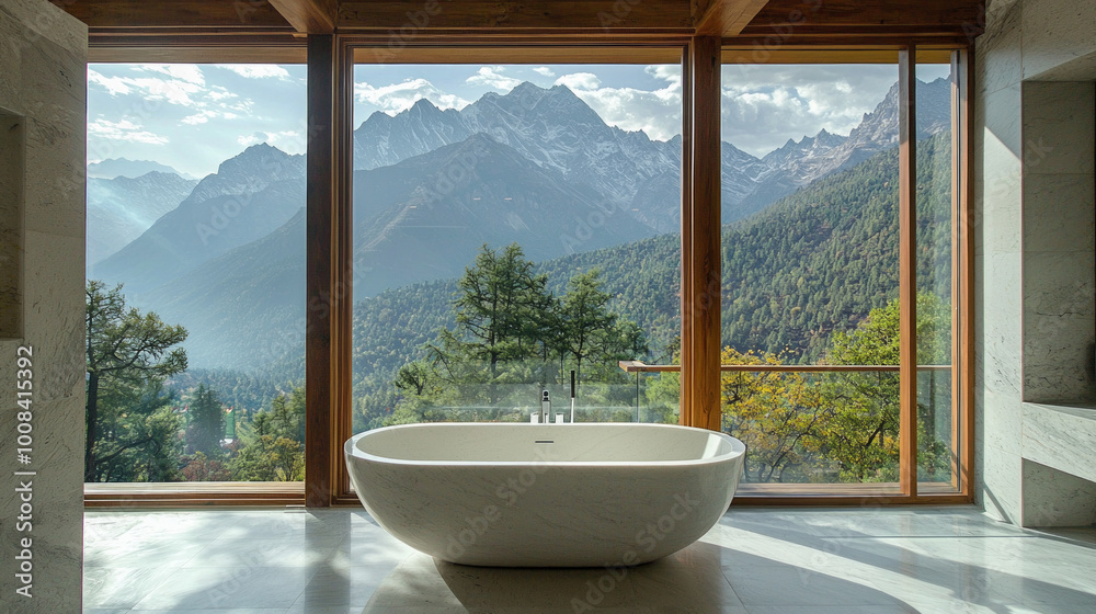 This stunning minimalist bathroom features expansive windows that overlook the majestic Himalayas, creating a serene space for relaxation This stunning minimalist bathroom features expansive windows that overlook the majestic Himalayas, creating a serene space for relaxation