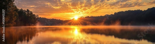 A serene sunrise over a tranquil lake, showcasing vibrant colors and mist reflecting off the water, embodying nature's beauty.