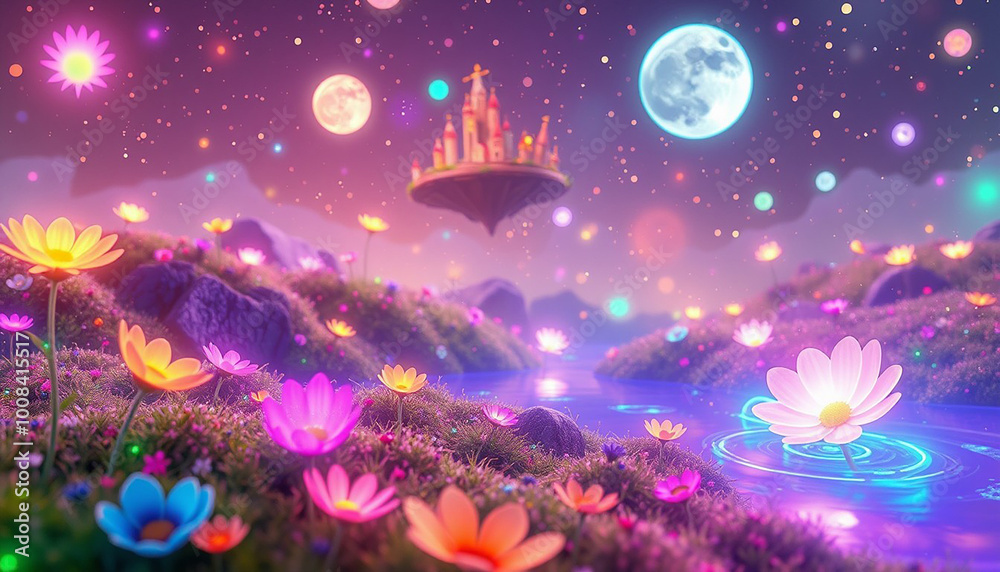 Magical Garden Under Starry Sky: A Fantasy Realm of Floating Lights