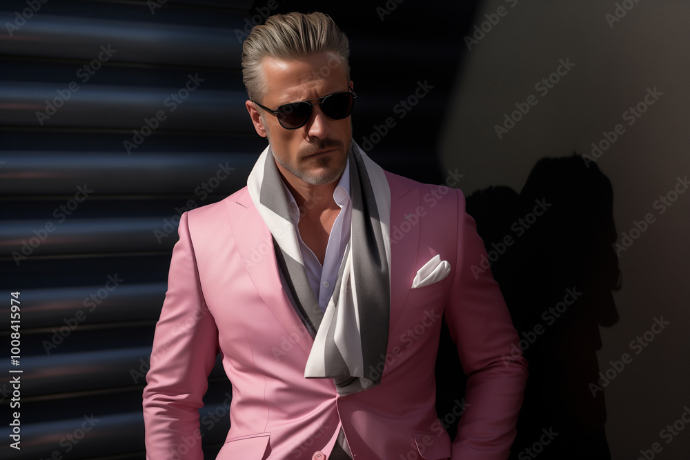 Businessman confident, charismatic, wearing a soft pink suit, scarf, sunglasses Businessman confident, charismatic, wearing a soft pink suit, scarf, sunglasses