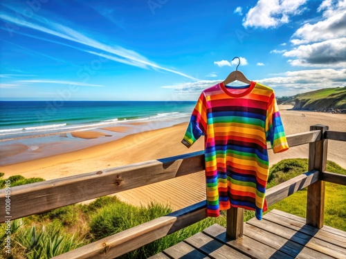 Colorful seaside jersey hanging on a wooden railing overlooking the serene beach landscape photo