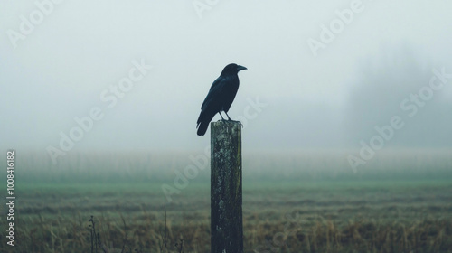 A black crow perches on a pole next to farmland on a foggy morning, capturing a moody rural landscape with mist and a calm atmosphere photo