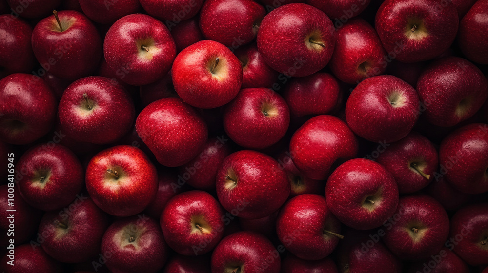 A beautifully arranged pile of red, shiny apples is captured in this high-resolution top view photograph, using focus stacking and studio lighting to enhance vibrant colors A beautifully arranged pile of red, shiny apples is captured in this high-resolution top view photograph, using focus stacking and studio lighting to enhance vibrant colors