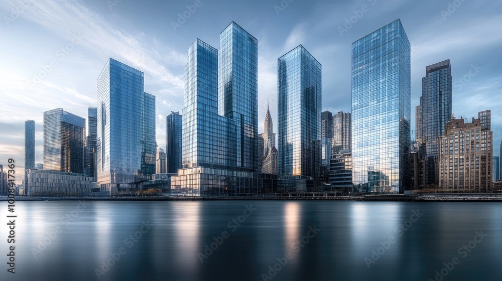 Fototapeta premium A panoramic skyline with glass buildings that reflect the ebb and flow of the tides at the waterfront